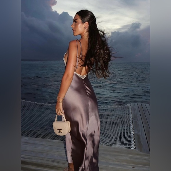 Zara Elegant Satin Slip Dress Lace Lingerie Liliac Maxi Evening Party XS - Picture 3 of 13